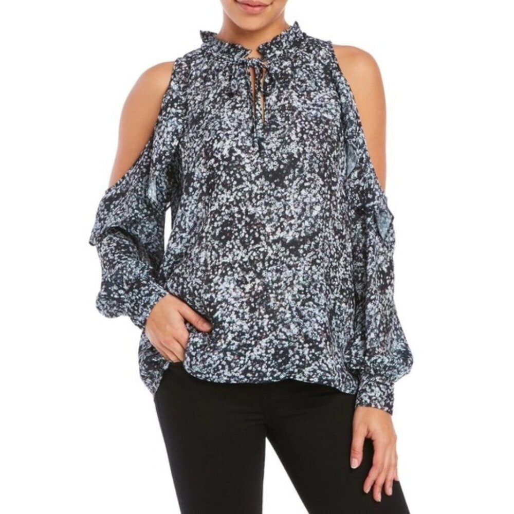 Parker Cold Shoulder Top Blouse SMALL Black White Floral Long Sleeve Women's